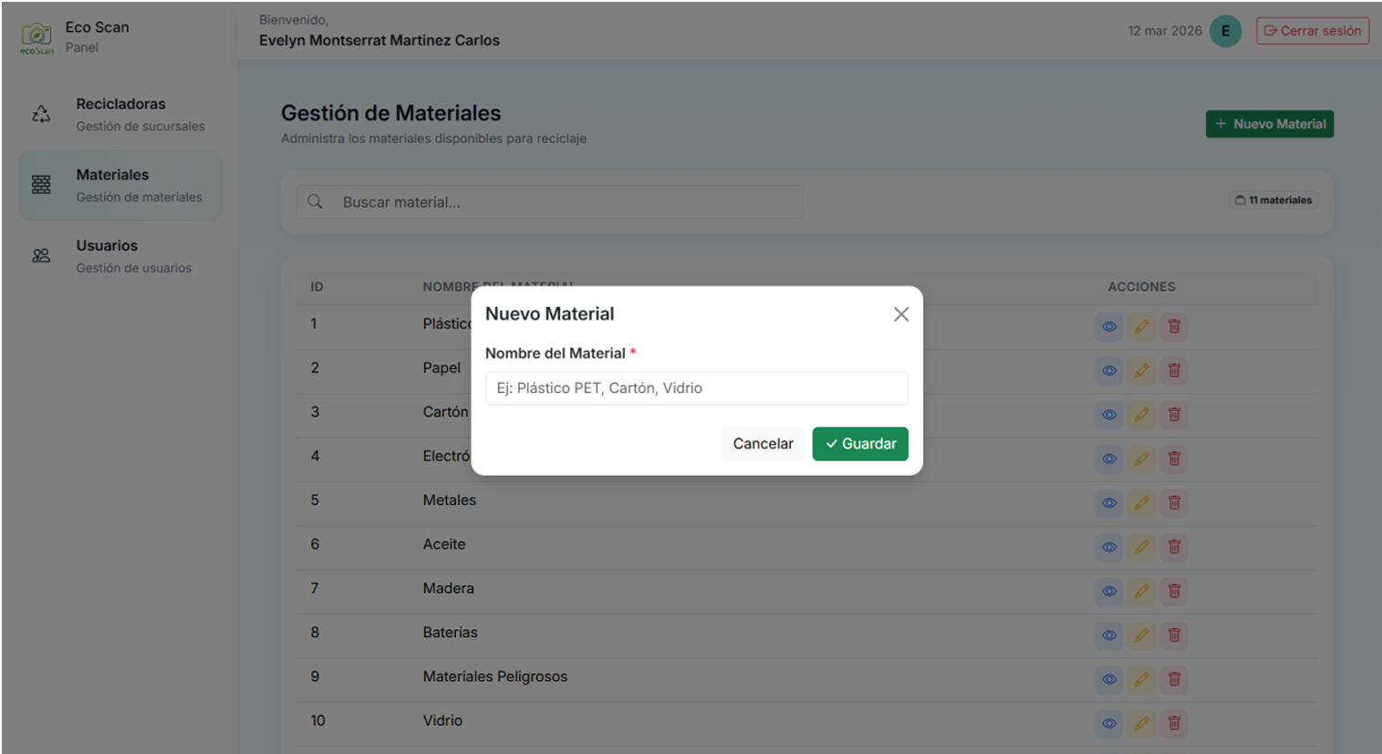 Formulario de materiales de ecoScan